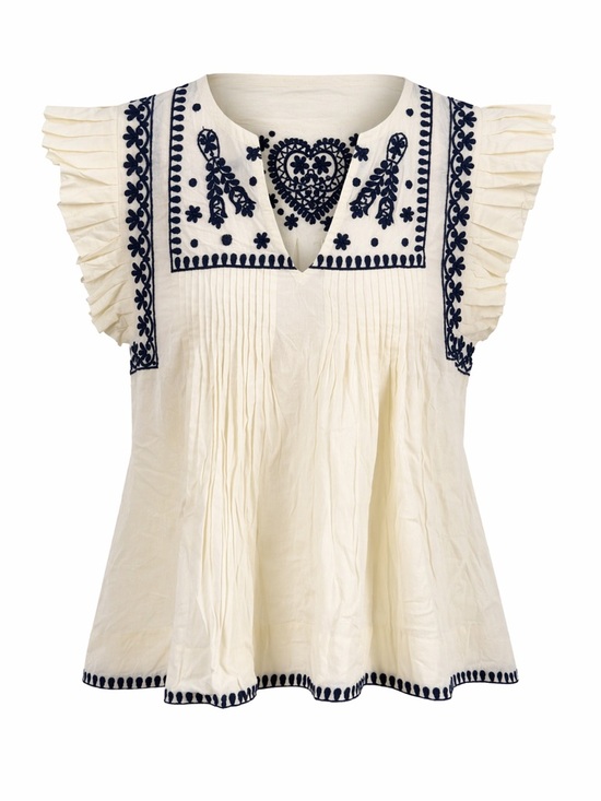 Solitaire Tops - Solitaire Embroidered Boho Blouse Cream Navy Flutter Sleeve NWT S